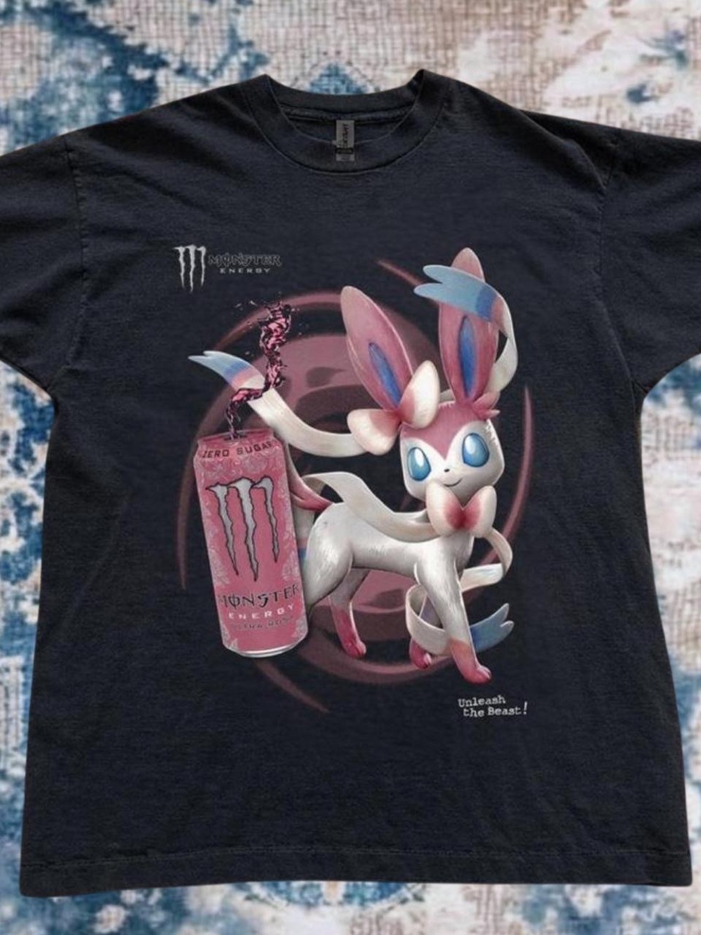 Gildan Black Graphic Tee with Pink & Blue Sylveon Design